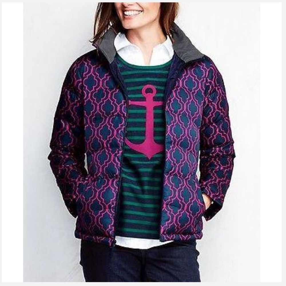 Lands End Womens Down Puffer Coat Pink Blue Size L